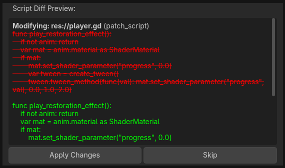 Janela de Diff mostrando código removido em vermelho e adicionado em verde, com botões Apply e Skip