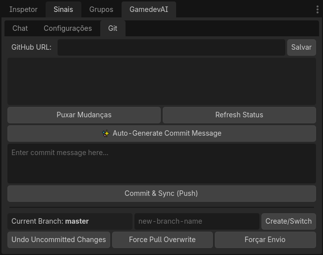 Interface da aba Git com botões de commit, branches e operações de emergência