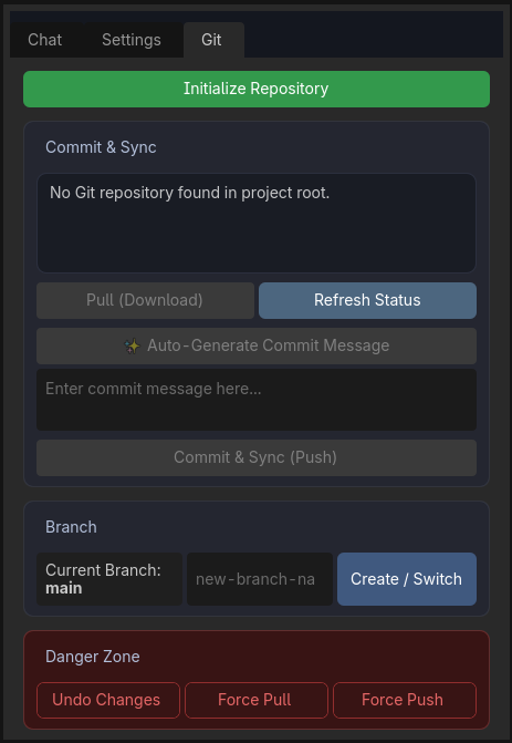 Interface da aba Git com botões de commit, branches e operações de emergência