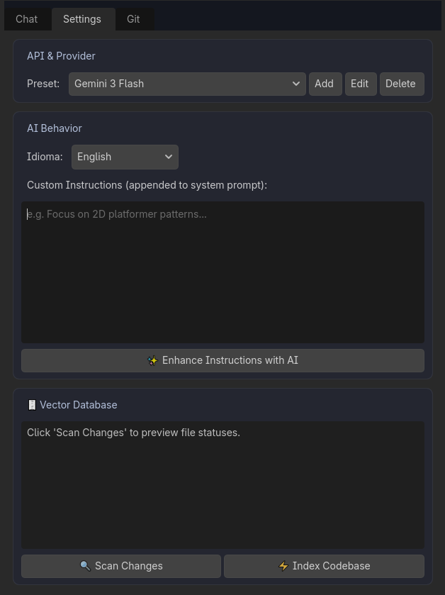 Aba Settings mostrando campos de Preset, Provedor e API Key